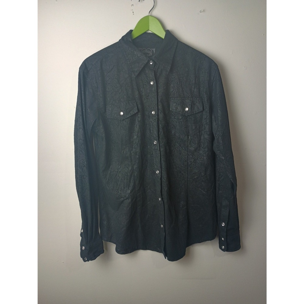 Cowgirl Hardware Black Button up Shirt Rhinestones Floral Paisley Large Western